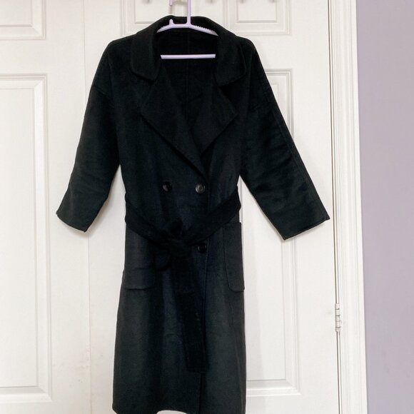 Women Black 100% Wool Double Breasted Button Belted Long Coat Trench Wool Coat - Picture 6 of 6